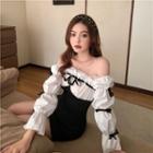 Long-sleeve Bow Off-shoulder Mini Dress Black - One Size