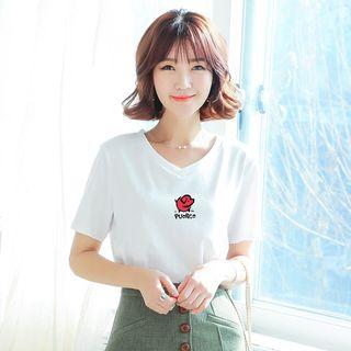 Short-sleeve V-neck Cartoon Printed T-shirt