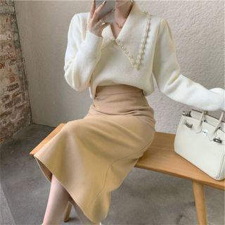 Set: Faux Pearl Collar Sweater + High Waist Woolen Skirt