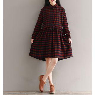 Check Collared Long-sleeve A-line Dress