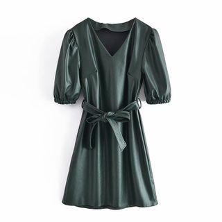 Puff-sleeve V-neck Sashed Mini A-line Dress