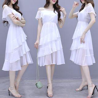Short-sleeve Cold Shoulder Tiered Midi Dress