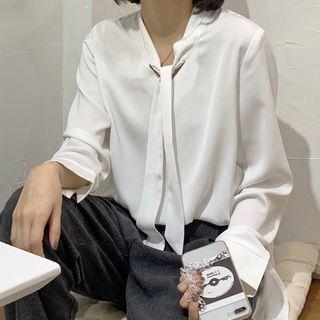 Plain Tie-neck Blouse Off-white - One Size