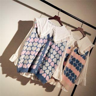 Bell-sleeve Blouse / Heart Pattern Button Knit Vest / Set