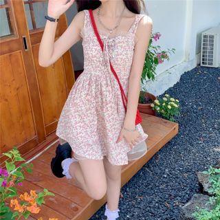 Wide Strap Floral Print A-line Dress / Short-sleeve A-line Dress