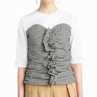 Gingham Panel Elbow-sleeve T-shirt