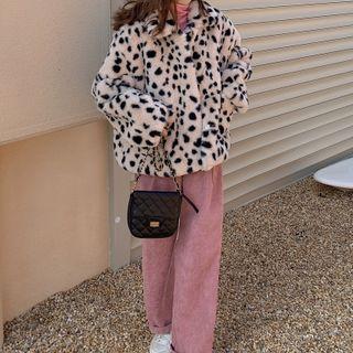 Leopard Print Fleece Buttoned Jacket / Corduroy Straight-fit Pants