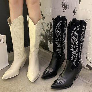 Embroidered Chunky Heel Tall Boots / Short Boots
