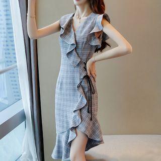 Plaid Sleeveless Ruffle Wrap Sheath Dress