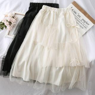 Asymmetric Ribbon-accent Mesh A-line Skirt