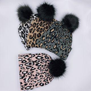 Pom Pom Leopard Print Beanie