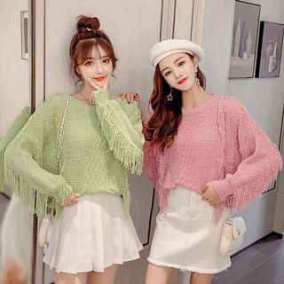 Fringed Sleeve Round Neck Plain Sweater