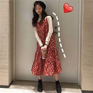 Mock Neck Knit Top / Spaghetti-strap Floral Print Midi Dress