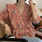 Puff-sleeve V-neck Floral Blouse Floral - Red - One Size