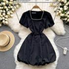 Short-sleeve Square Neck Beaded A-line Dress