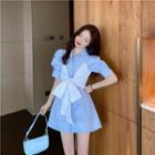 Short-sleeve Mock Two-piece Bow Back Mini Shirt Dress