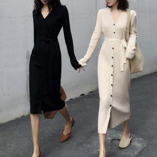 Long-sleeve Knit Tie-waist Midi Sheath Dress