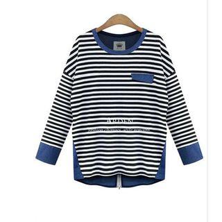 Long-sleeve Denim Panel Striped Top