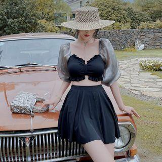 Set: Puff-sleeve Ruffle Tankini Top + Swim Skirt