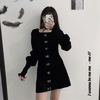 Long Sleeve Square Neck Buckled Velvet Mini A-line Dress