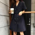 Double-breasted Short-sleeve A-line Dress Sapphire Blue - One Size