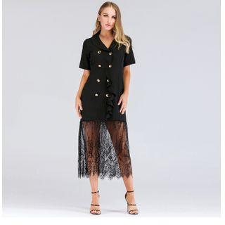Short-sleeve Double-breasted Lace Hem Midi Dress