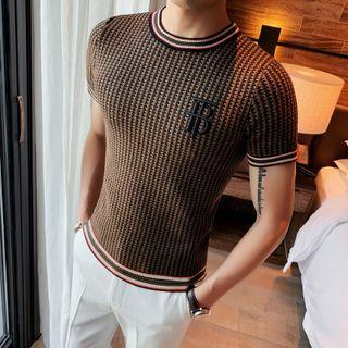 Short-sleeve Houndstooth Embroidered Knit Top
