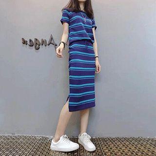 Set: Striped Knit Short Sleeve T-shirt + Midi Skirt