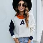 Long Sleeve Stand Collar Letter A Color Block Knit Top