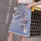 Flower Applique Embroidered Distressed A-line Denim Skirt
