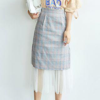 Mesh-hem Plaid A-line Skirt