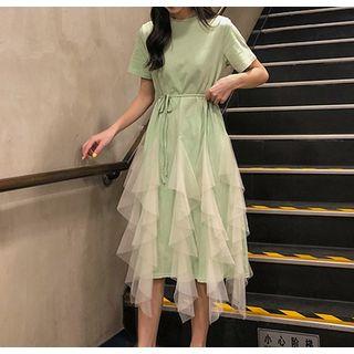 Short-sleeve Frilled Midi Dress