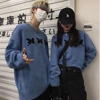Couple Matching Print Cropped Knit Top / Sweater