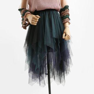Two-tone Asymmetric Hem Mesh A-line Skirt
