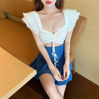 Ruffled Cropped Top / Pleated Mini A-line Skirt