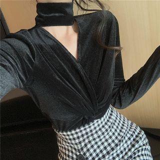 V-neck Velvet Long-sleeve Slim-fit Top