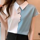 Short-sleeve Collared Color Block Shirt