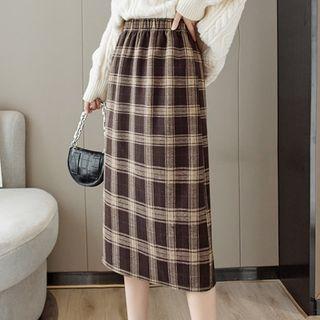 High-waist Plaid Slit Hem A-line Fleeced Midi Skirt
