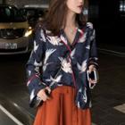 Crane Print Long-sleeve Loose-fit Shirt As Figure - One Size