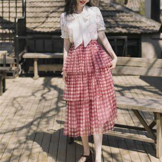 Set: Bow Neck Short-sleeve Shirt + Plaid Tiered Midi Skirt