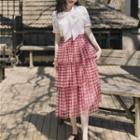 Set: Bow Neck Short-sleeve Shirt + Plaid Tiered Midi Skirt