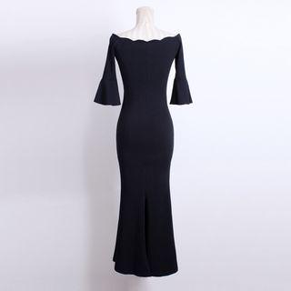 Scallop Trim Off Shoulder 3/4 Sleeve Dress