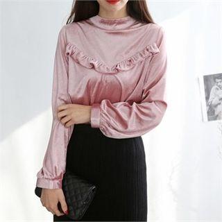 Crew-neck Frill-trim Velvet Top