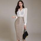 Long-sleeve V-neck Blouse / High Waist Midi Pencil Skirt