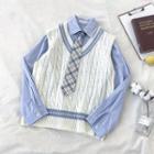Plain Long-sleeve Loose-fit Shirt With Tie / V-neck Cable Knit Vest