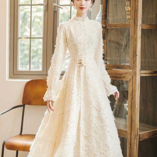 Long-sleeve Stand Collar Button-up Midi A-line Dress
