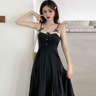Lace Trim Spaghetti-strap Midi A-line Dress Black - One Size