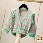 V-neck Color Block Cropped Cardigan Green & Pink - One Size