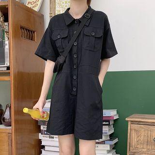 Short-sleeve Plain Playsuit Black - One Size