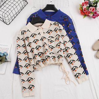 Drawstring Hem Patterned Cropped Knit Top
